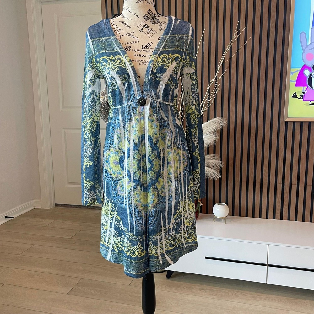 Crimson Ivy Knit Cardigan Duster Open Front Blue Green Patterned‎ Cover Up